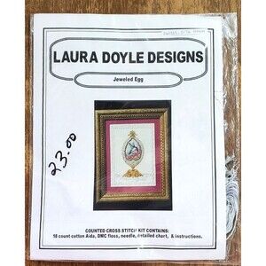 Vintage Laura Doyle 6 Jeweled Egg Counted Cross Stitch Kit Easter Gold Beads NEW